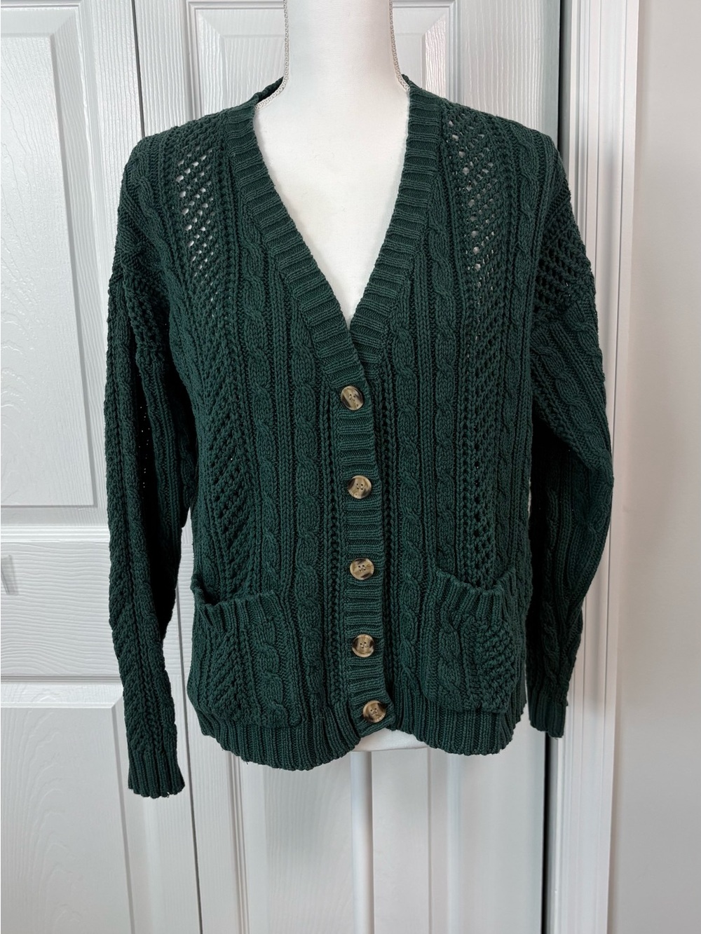 Vintage 90s Cabin Creek Green Cable Knit Cardigan Cottagecore Preppy L